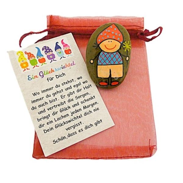 Glückswichtel mit Geschenkkarte auf einem Organza Säckchen